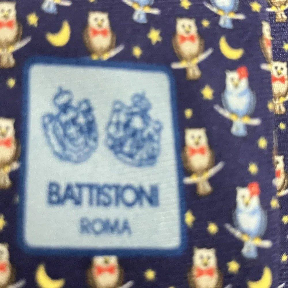 Battistoni Roma Owl Moon Stars‎ Novelty Silk Tie Handmade In Italy Blue
